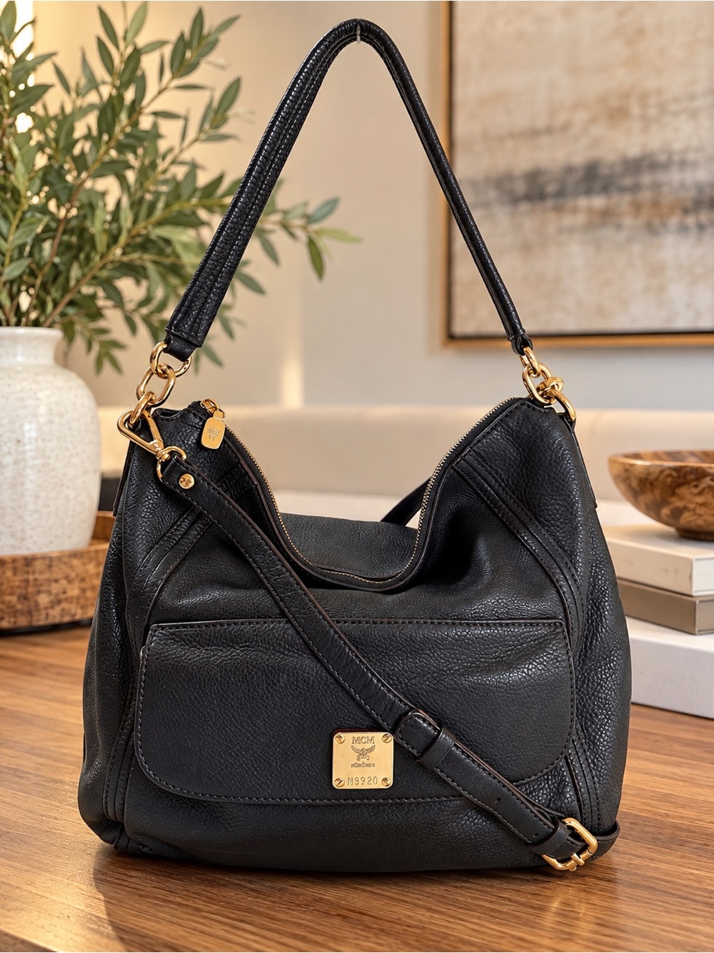 MCM Black Pebble Leather Shoulder Hobo Bag with crossbody strap